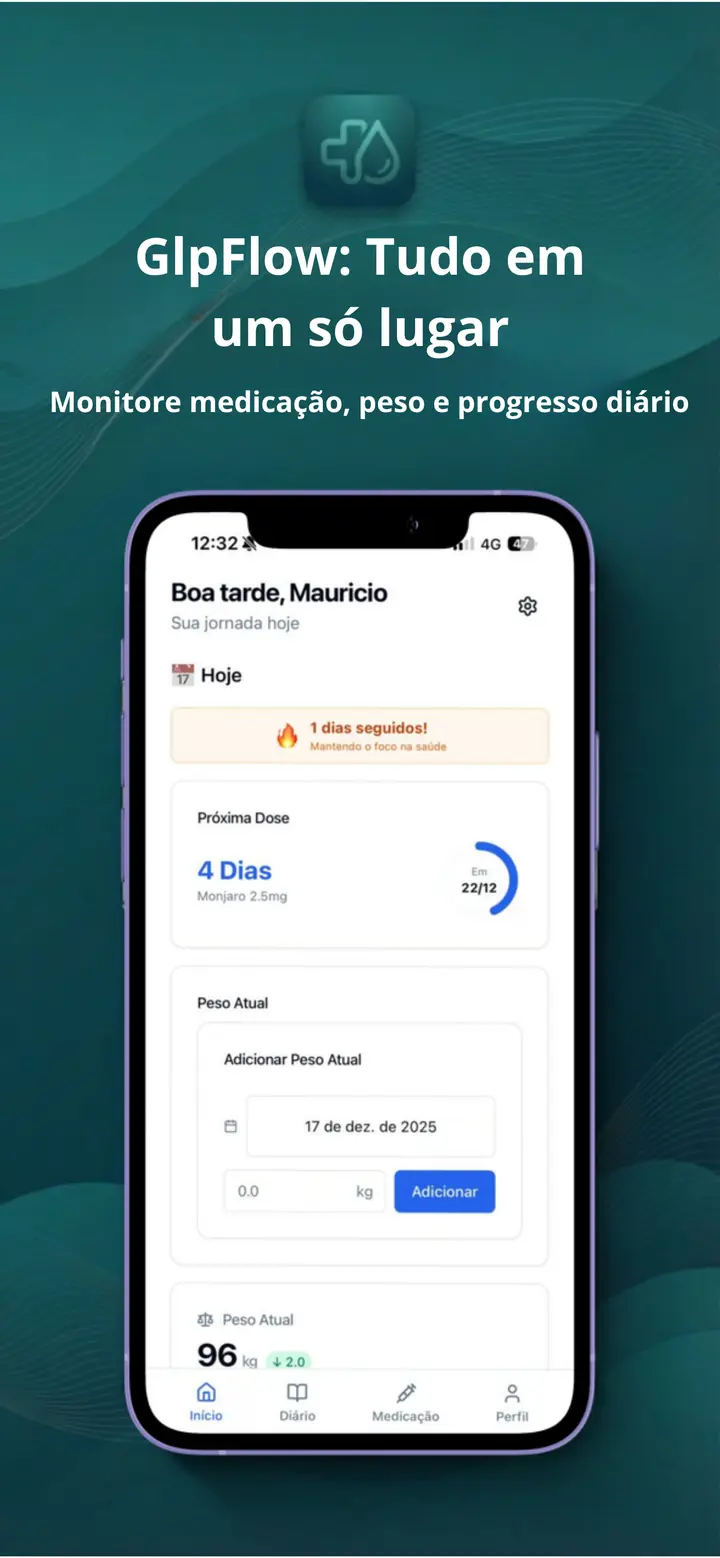 Captura real do GLPFlow em português: painel diário com próxima dose e registro de peso.